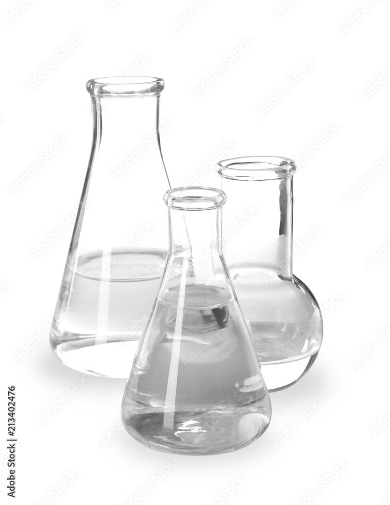 Flasks with liquid on white background. Laboratory analysis equipment Flasks with liquid on white background. Laboratory analysis equipment