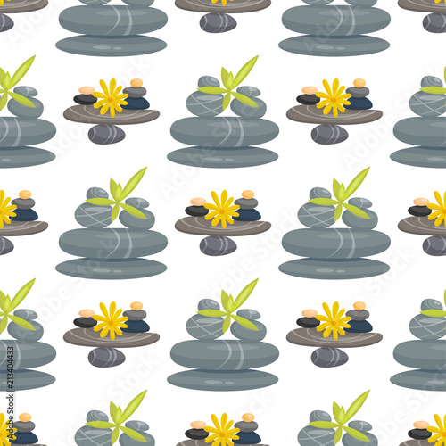 Pyramid from sea pebble relax heap stones healthy wellness black massage meditation natural tool spa seamless pattern background vector illustration.