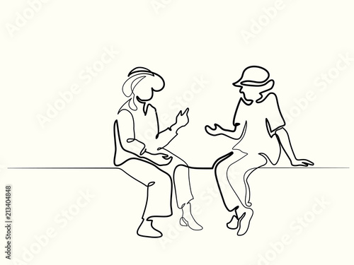 Continuous one line drawing. Two sitting old women talking. Vector illustration