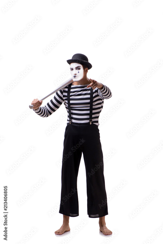Mime with baseball bat isolated on white