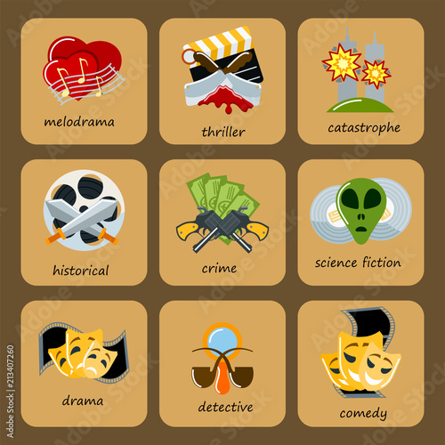 Cinema genre icons set cinematography flat entertainment comedy drama thriller movie production symbol vector illustration.