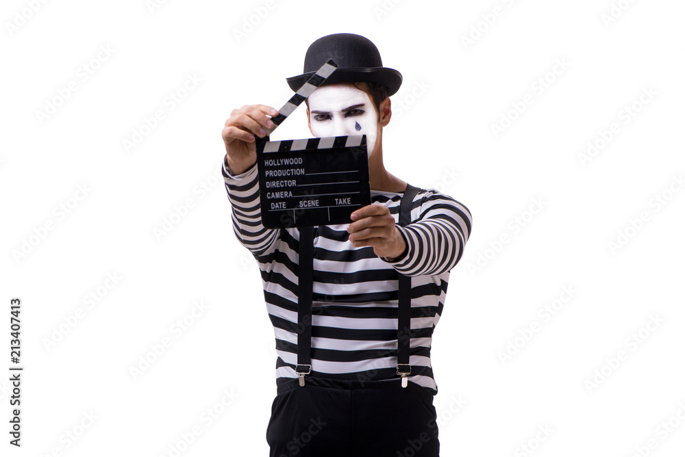 Mime with movie clapperboard isolated on white Mime with movie clapperboard isolated on white