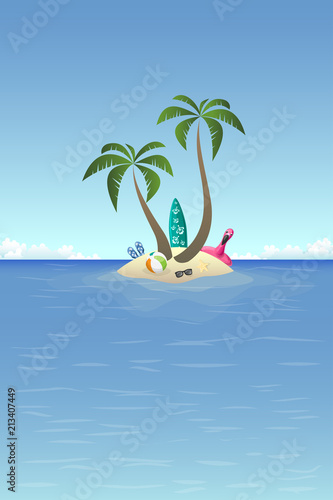 Fototapeta Naklejka Na Ścianę i Meble -  Summer background - island in the ocean with palms and beach set