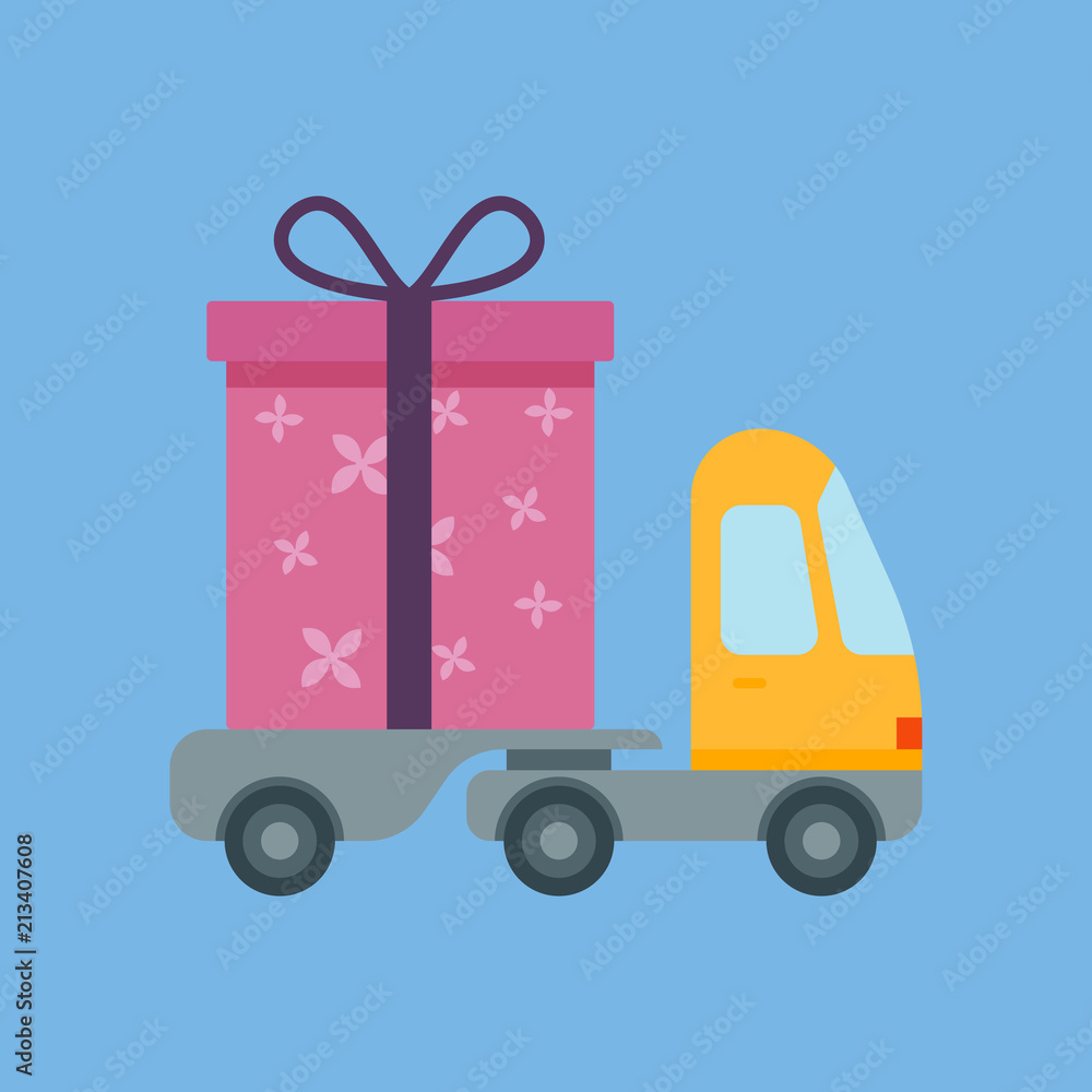 Car delivery with gift box. The concept of free shipping. Delivery service. Flat style. Fully editable image. Car delivery with gift box. The concept of free shipping. Delivery service. Flat style. Fully editable image.