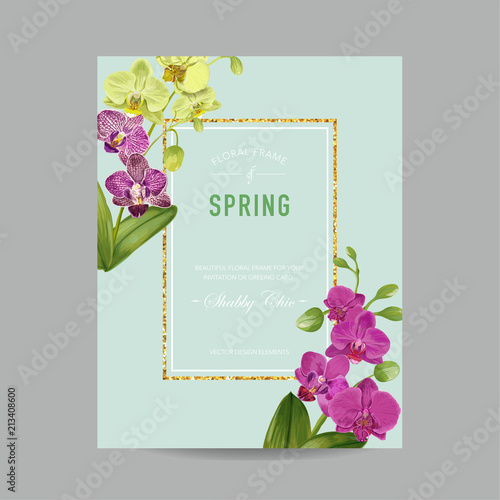 Wedding Invitation Layout Template with Orchid Flowers. Save the Date Floral Card with Golden Frame and Exotic Flowers. Vector illustration