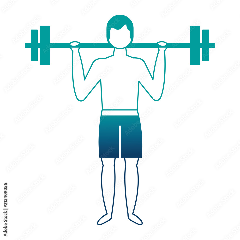 bodybuilder man in short swimsuit lifting barbell