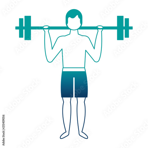 bodybuilder man in short swimsuit lifting barbell