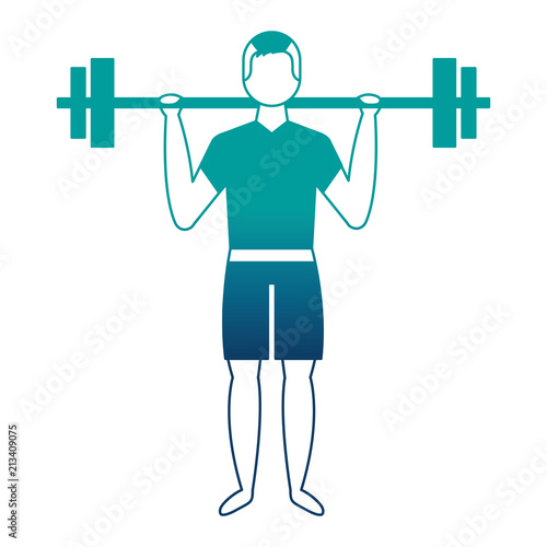 bodybuilder man in short swimsuit lifting barbell
