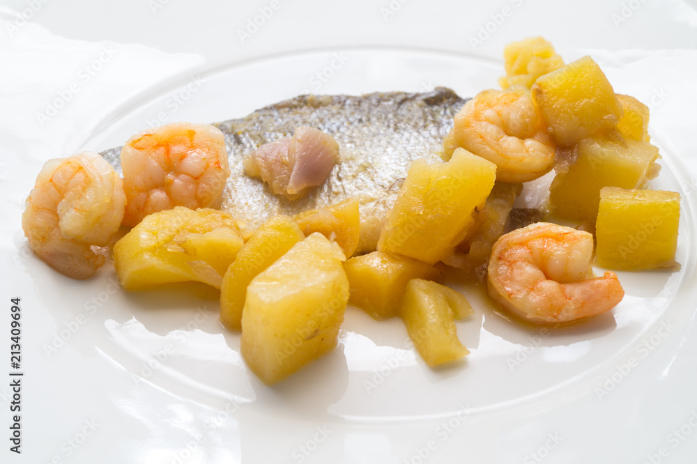 fish dish, shrimp sea bass and potatoes fish dish, shrimp sea bass and potatoes