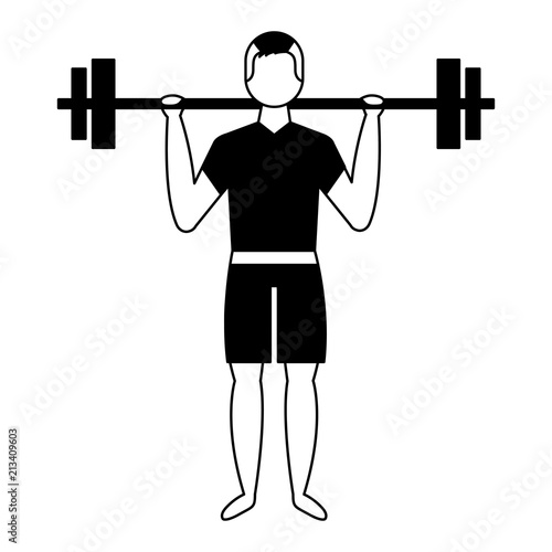 bodybuilder man in short swimsuit lifting barbell