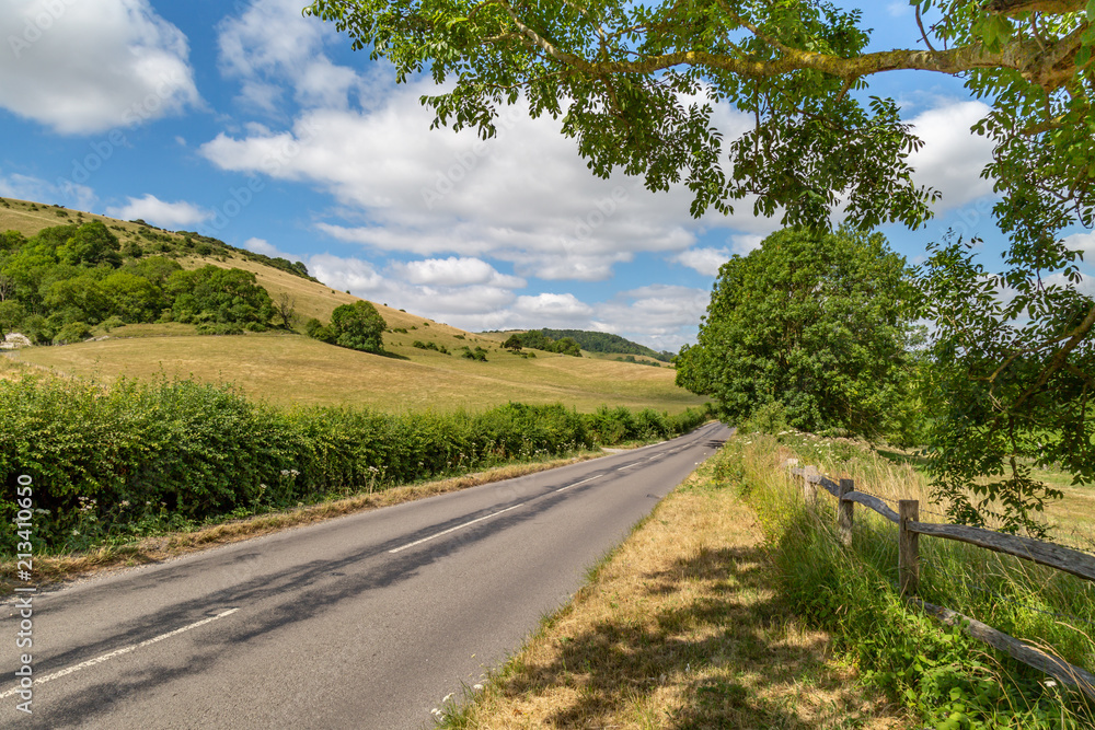 A country road in Sussex surrounded by green fields, taken on a sunny summer's day