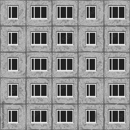 Seamless unified panel house print. Vector grayscale illustration. Original soviet architecture pattern. ESP10.