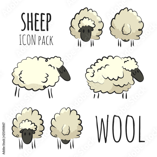Isolated sheep herd icons. Vector multi colored illustration on light background. Original hand-drawn set. EPS10.