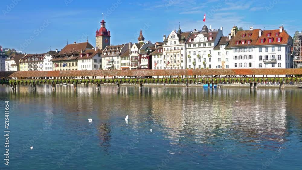 Embankment of the river Reuss with the town hall, Lucerne, Switzerland Embankment of the river Reuss with the town hall, Lucerne, Switzerland