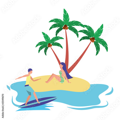 woman on beach and man on surfboard summer