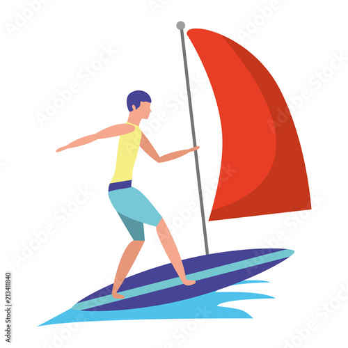 man practicing windsurfing sport in ocean