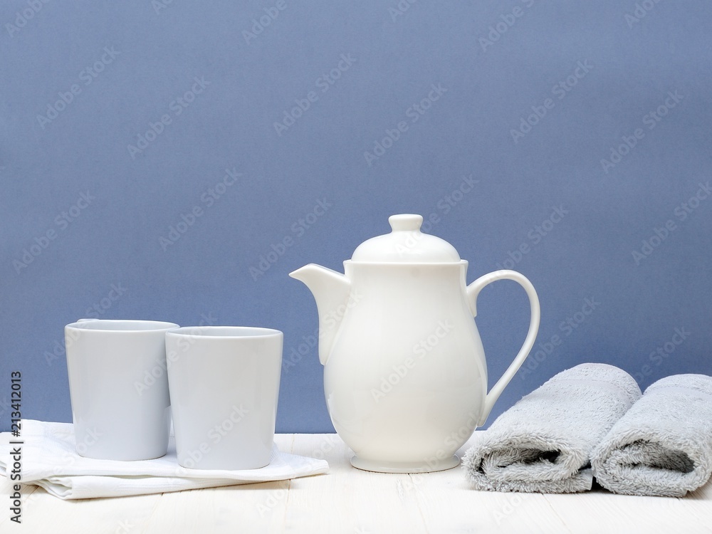 Pair White Cups and Teapot on the Table in the kitchen.Indoor Interior. Scandinavian style. Love Concept.