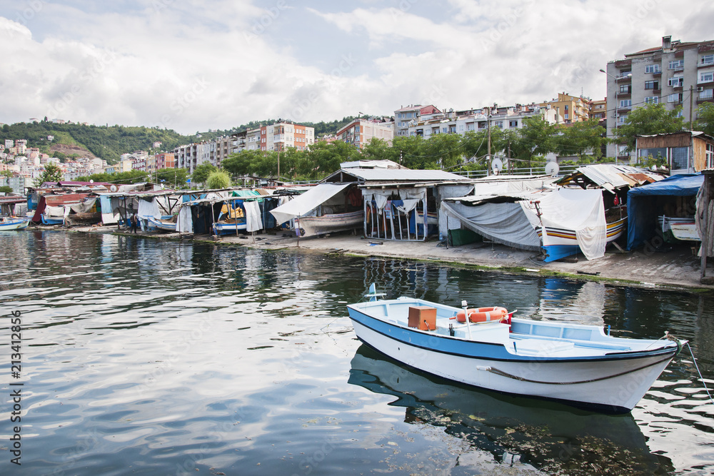 Fisher shelter and fishing boat in giresun Black Sea region of Turkey