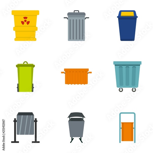 Garbage can icon set. Flat style set of 9 garbage storage vector icons for web isolated on white background