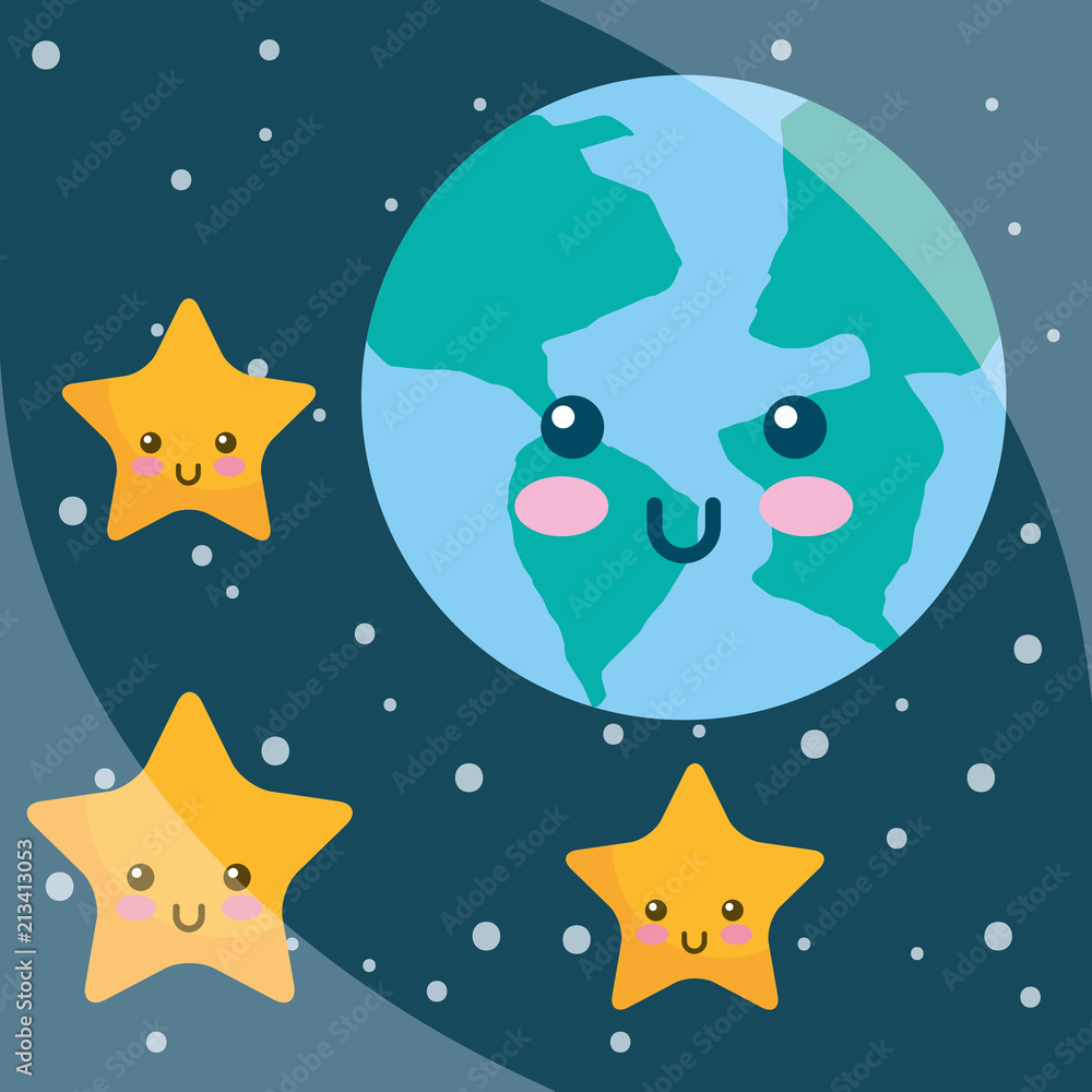 kawaii planet earth stars cartoon night sky