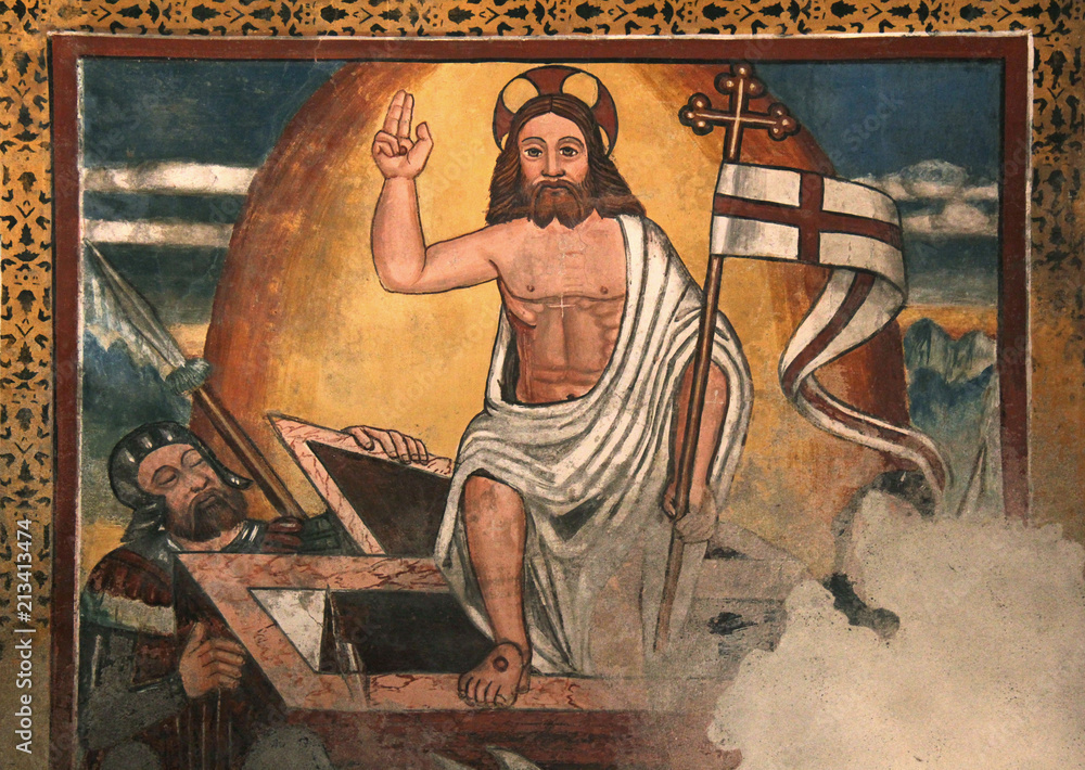 Cristo risorto esce dal sepolcro; affresco nella chiesa di San Pietro a Cembra