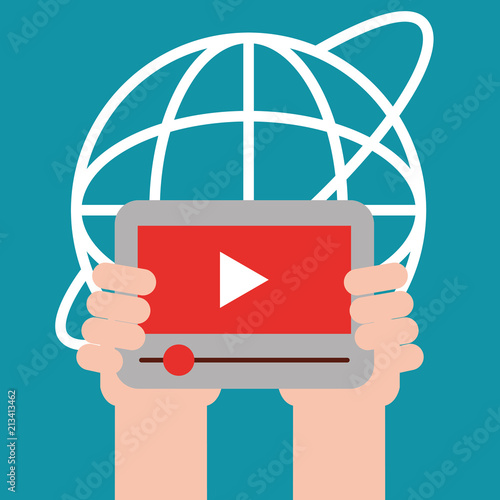 news communication relate hands holding technology screen play videos vector illustration