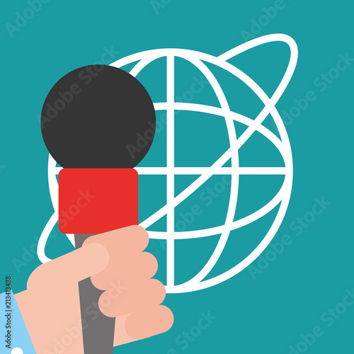 news communication relate world background hand holding microphone information vector illustration