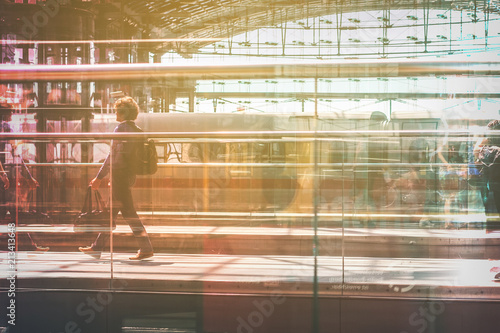 Photography Travel concept, man with luggage walking on train station