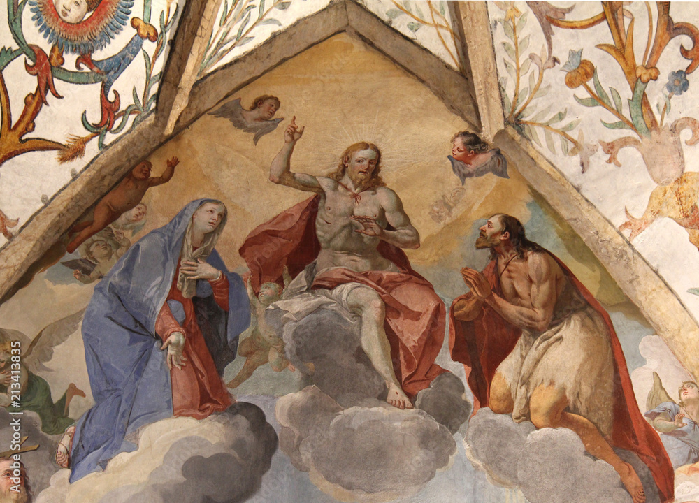 Cristo giudice con Maria e San Giovanni Battista; particolare del giudizio universale di Valentino Rovisi nella chiesa di San Pietro a Cembra