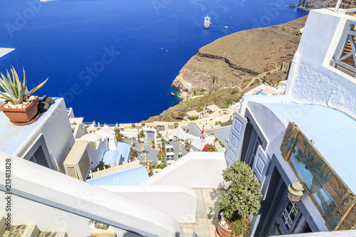 Fira city from streets and sea in Fira, Santorini, Greece