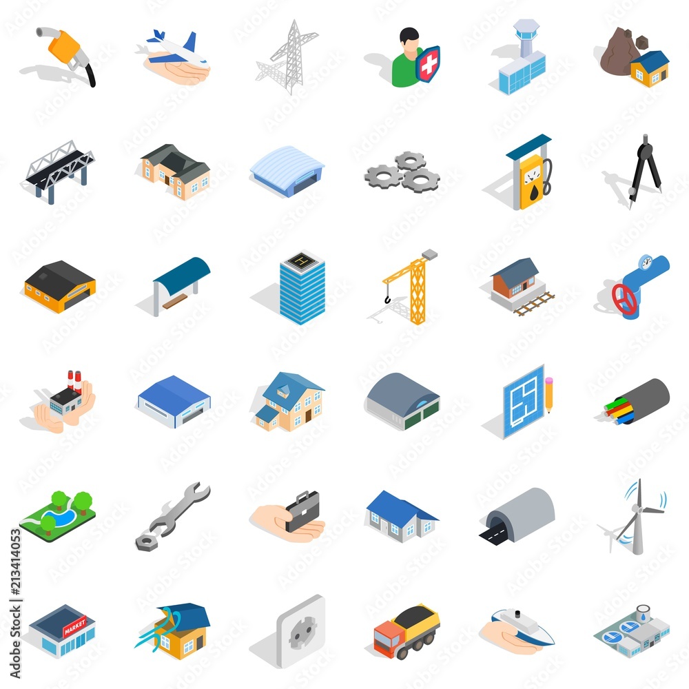 Construction industry icons set. Isometric style of 36 construction industry vector icons for web isolated on white background Construction industry icons set. Isometric style of 36 construction industry vector icons for web isolated on white background
