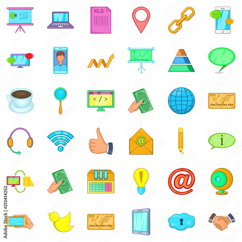 Contact us icons set. Cartoon style of 36 contact us vector icons for web isolated on white background