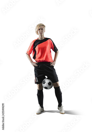 female soccer player isolated on white