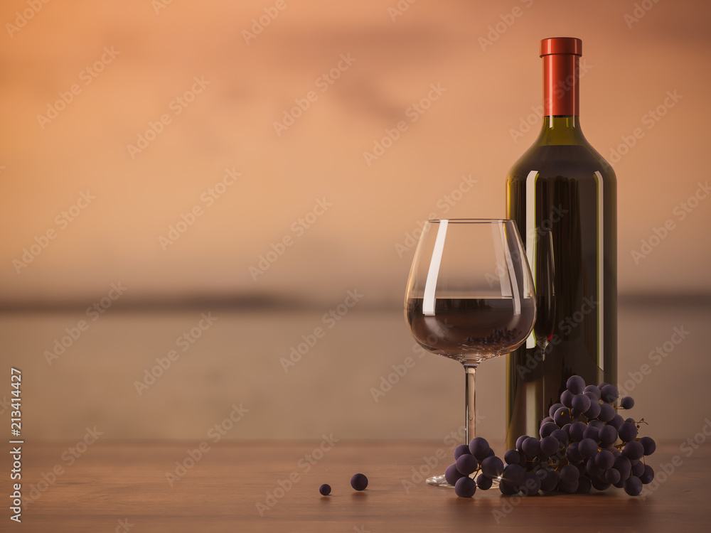Glass of red wine, glass bottle of wine, grapes, wooden table, blurred background, copy text place. Seaview on sunset. 3D illustration 