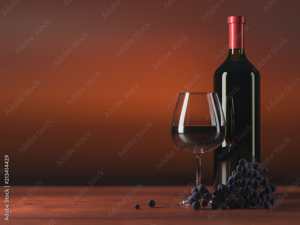 Glass of red wine, glass bottle of wine, grapes, wooden table, blurred deep red background, copy text place. 3D illustration