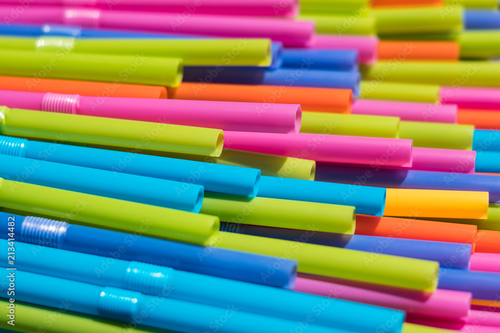 drinking straws closeup, colorful plastic straw macro