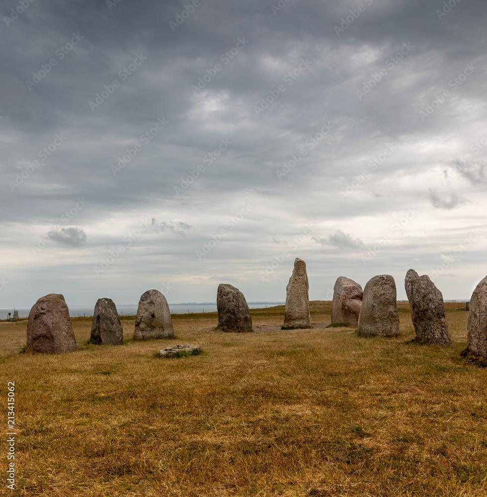 Swedish Ales stenar. Ale's Stones a megalithic monument in Scania in southern Sweden