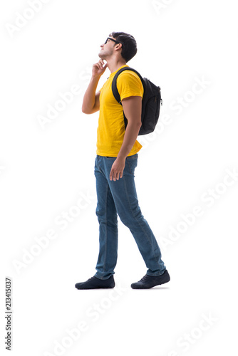 Young student with backpack isolated on white 