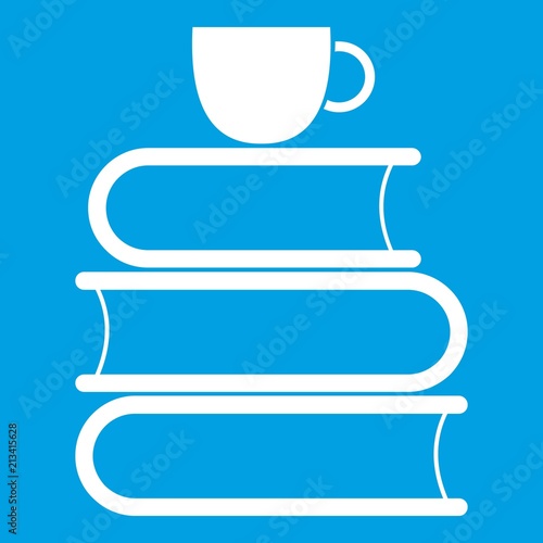 Stack of books and white cup icon white isolated on blue background vector illustration