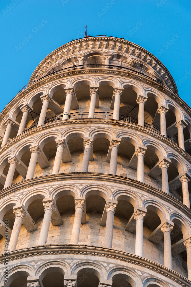 Close-up of the top of the leaning tower of Pisa (Tuscany, Italy)