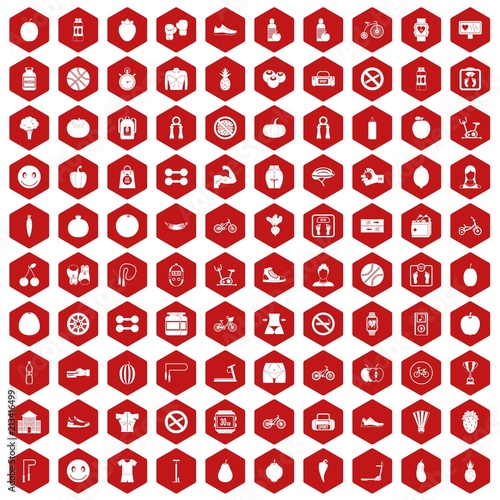 100 fitness icons set in red hexagon isolated vector illustration