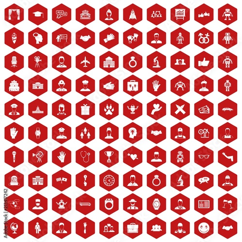 100 handshake icons set in red hexagon isolated vector illustration