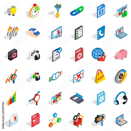 Data cloud icons set. Isometric style of 36 data cloud vector icons for web isolated on white background