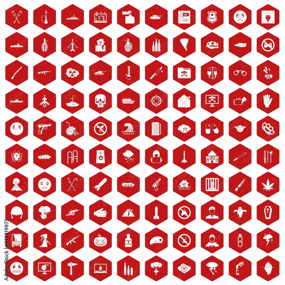 100 oppression icons set in red hexagon isolated vector illustration 100 oppression icons set in red hexagon isolated vector illustration