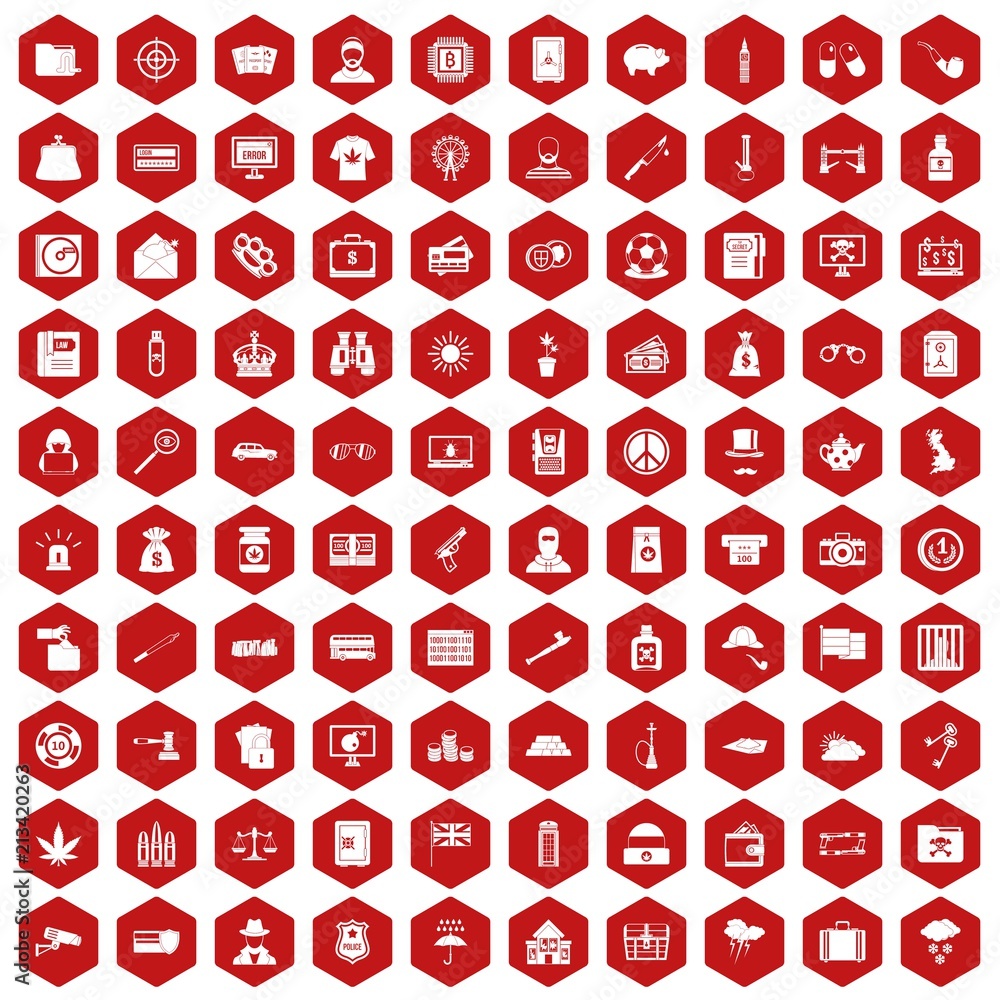 Φωτογραφία 100 police icons set in red hexagon isolated vector illustration