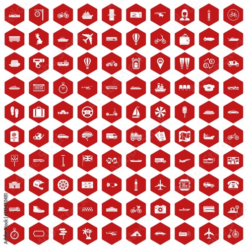 100 public transport icons set in red hexagon isolated vector illustration