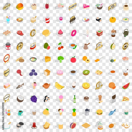 100 food and kitchen icons set in isometric 3d style for any design vector illustration