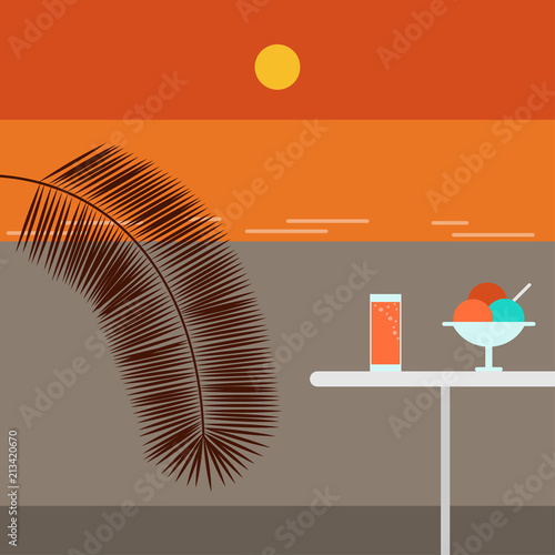 Sunset beach and cafe. Outdoor. Vector flat illustration.