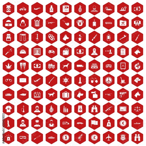 100 smuggling  icons set in red hexagon isolated vector illustration