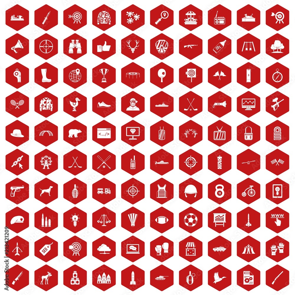 100 target icons set in red hexagon isolated vector illustration 100 target icons set in red hexagon isolated vector illustration